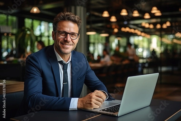Fototapeta A handsome businessman in a suit and glasses in the office.