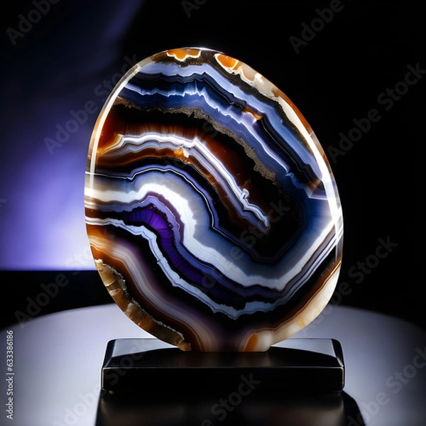 Fototapeta Blue, White and Black Mineral Agate Crystal Structure on Dark Background. Generative AI