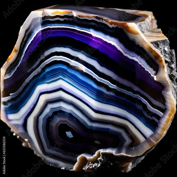 Fototapeta Blue, White and Black Mineral Agate Crystal Structure on Dark Background. Generative AI