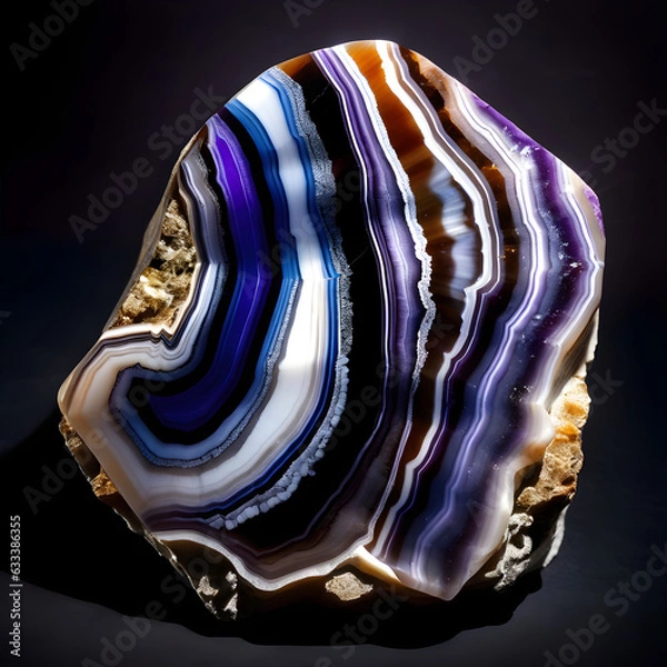 Fototapeta Blue, White and Black Mineral Agate Crystal Structure on Dark Background. Generative AI