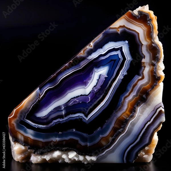 Fototapeta Blue, White and Black Mineral Agate Crystal Structure on Dark Background. Generative AI