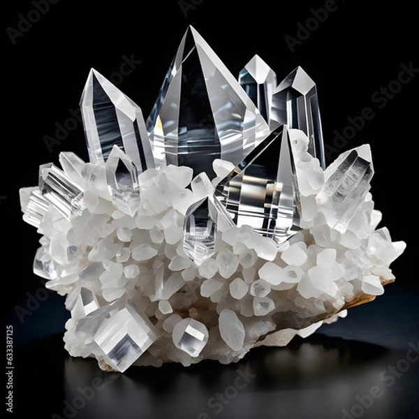 Fototapeta White Mineral Quartz Crystal Structure on Dark Background. Generative AI