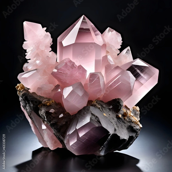 Fototapeta Pink Mineral Rose Quartz Crystal Structure on Dark Background. Generative AI
