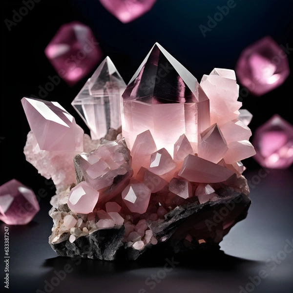 Fototapeta Pink Mineral Rose Quartz Crystal Structure on Dark Background. Generative AI