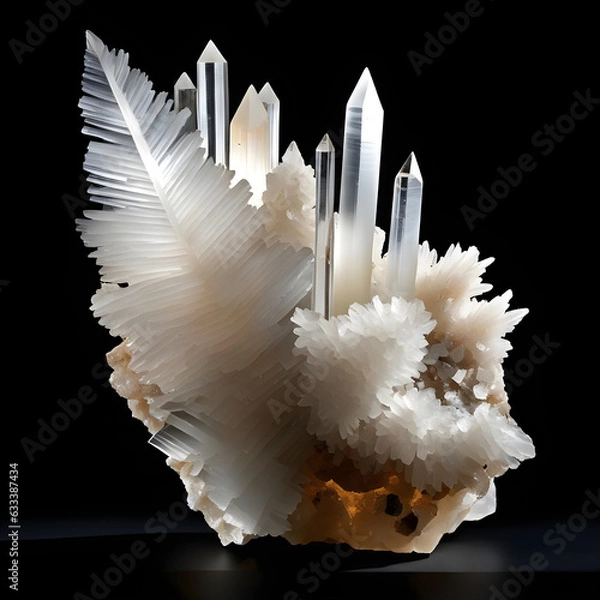Fototapeta White Mineral Selenite Crystal Structure on Dark Background. Generative AI
