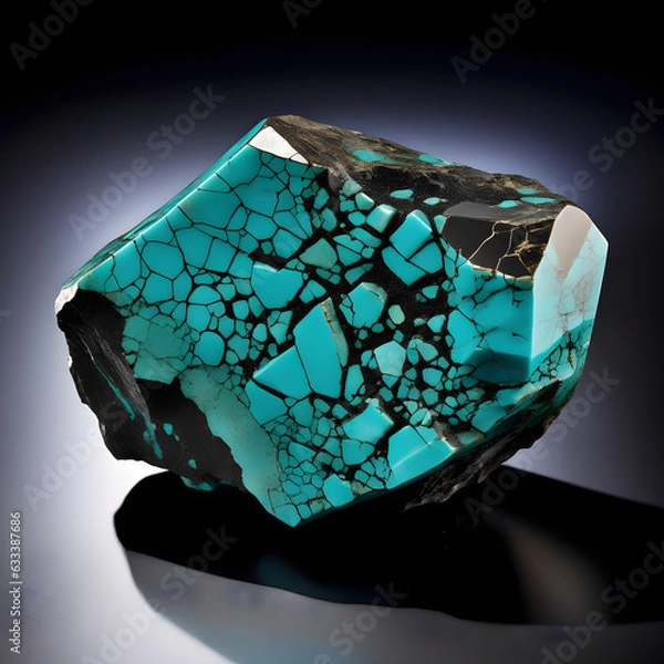 Fototapeta Blue and Green Mineral Turquoise Crystal Structure on Dark Background. Generative AI