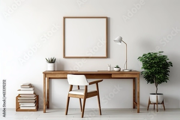 Fototapeta A minimal and cozy home office with wooden furnishings, a wooden table with space to arrange items, and an empty picture frame on a white wall. It is a rendering with a clean and simple design.