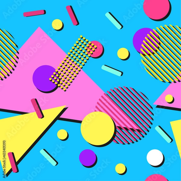 Obraz 90s geometric seamless pattern. Vivid and trendy retro 1990s style pattern with simple shapes. Funky, abstract, vintage graphic for fabric, textile, clothing. Vector design for wrapping paper.