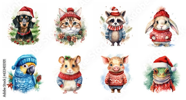 Fototapeta Generative AI, cute different animal pets in Christmas hats and ugly sweaters, watercolor style.