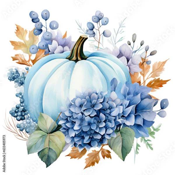 Obraz autumn floral elements with blue pumpkin watercolor  isolated