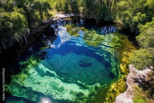 Fototapeta aerial view of a crystal clear natural pool surrounded by lush greenery
