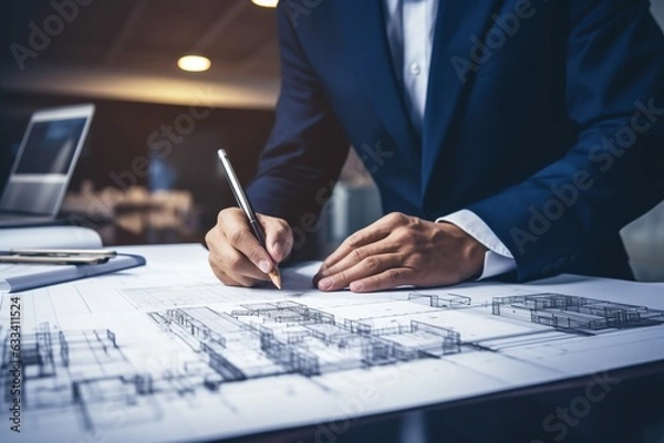 Fototapeta Concept architects engineer holding pen. Generative AI.