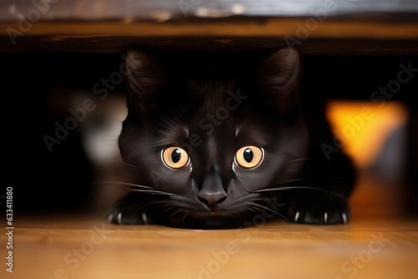 Fototapeta A cute black cat peeks out from under the table. Generative AI.