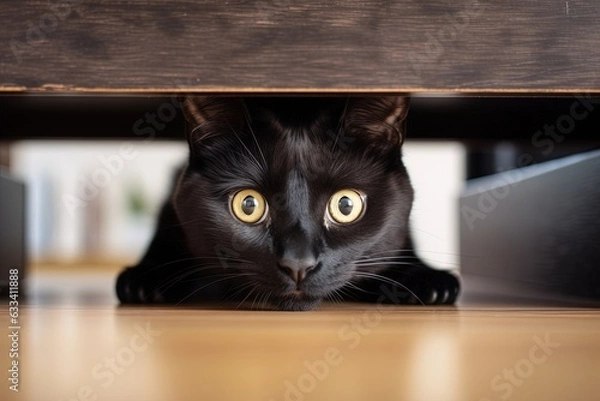 Fototapeta A cute black cat peeks out from under the table. Generative AI.
