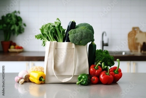 Fototapeta Vegetables on the kitchen table inside a reusable carry bag. Generative AI.