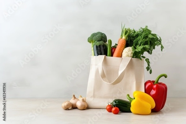 Fototapeta Eco-friendly reusable shopping bag with fresh vegetables. Generative AI.