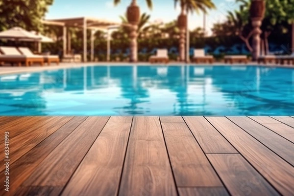 Fototapeta Empty wooden surface with summer travel hotel swimming pool. Generative AI.
