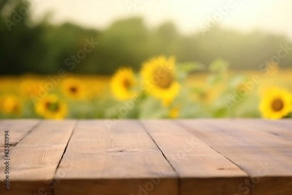 Fototapeta Picture an empty wooden table boldly standing in the center of a magnificent sunflower field during summertime. Generative AI.