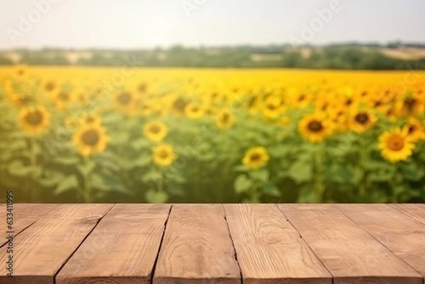 Fototapeta Empty wooden table in the sunflower field in summertime. Generative AI.