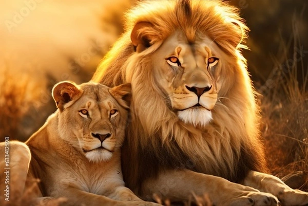 Obraz Lion and lioness in zoo. Generative AI.