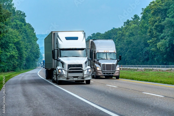 Fototapeta Two Semis On The Interstate With Light Traffic