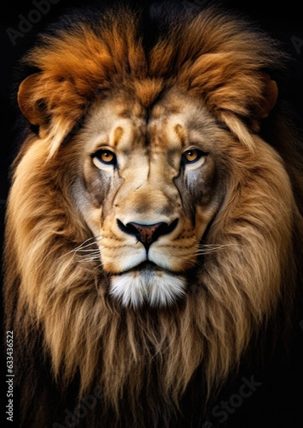 Obraz Animal face of an african lion on a black background conceptual for frame