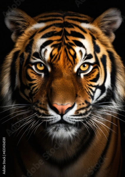 Fototapeta Animal face portrait of an Asian tiger in a black backdrop conceptual for frame