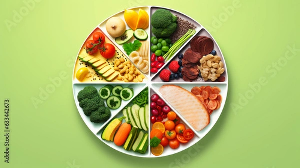 Fototapeta plate with portioned food, food ration diet generative ai