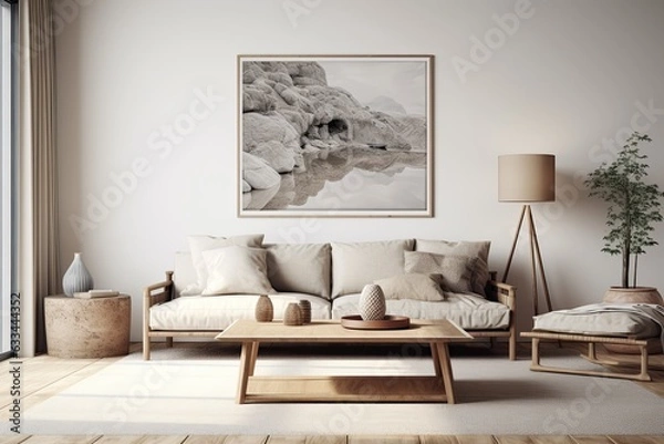 Fototapeta Scandinavian style living room with modern poster frame rendering.