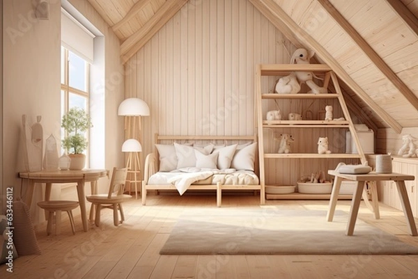 Fototapeta A render of a childrens room with natural wooden furniture and a Farmhouse style interior background is depicted in the mockup frame.