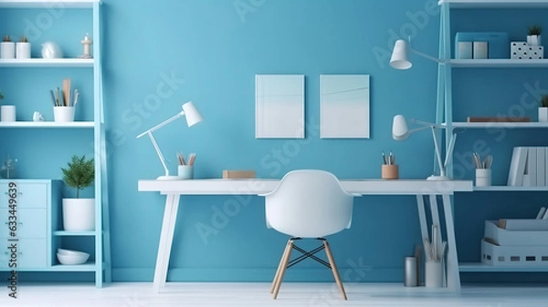 Fototapeta Modern home interior design on blue panoramic background. Generative Ai
