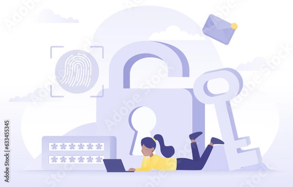 Obraz Unlock your account by password and fingerprint scan. Protect personal data, account access, safety and security management. Flat vector design illustration.