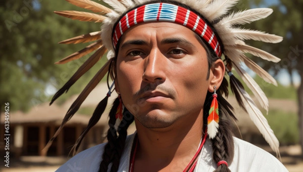 Fototapeta young aged native american indian chief close up portrait in the village - Generative AI