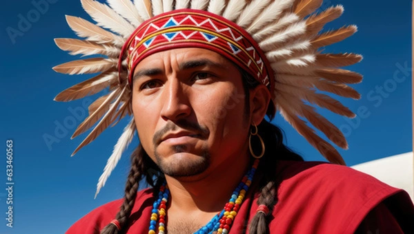 Fototapeta young aged native american indian chief close up portrait in the village - Generative AI