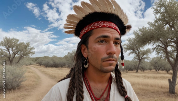 Fototapeta young aged native american indian chief close up portrait in the village - Generative AI