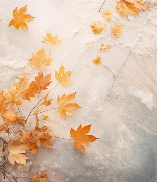 Obraz Minimal concept of the change of seasons, autumn and winter. Fallen autumn leaves covered with the first white soft snow. Background.