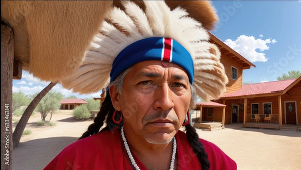 Fototapeta old aged native american indian chief close up portrait in the village - Generative AI