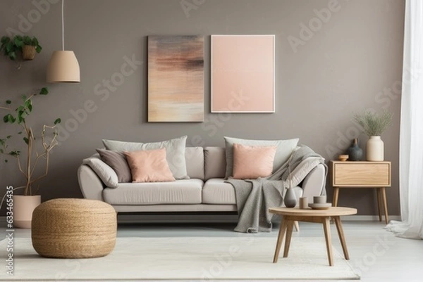 Obraz A stylishly designed living room interior with ample space for creativity, featuring a grey sofa, beige commode, charming clay vases, and trendy personal accessories. The color palette consists of