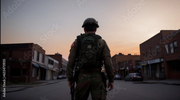 Fototapeta back of soldier walking on the abandon dead city street - Generative AI