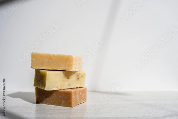 Obraz Stack of handmade soap with a white background.