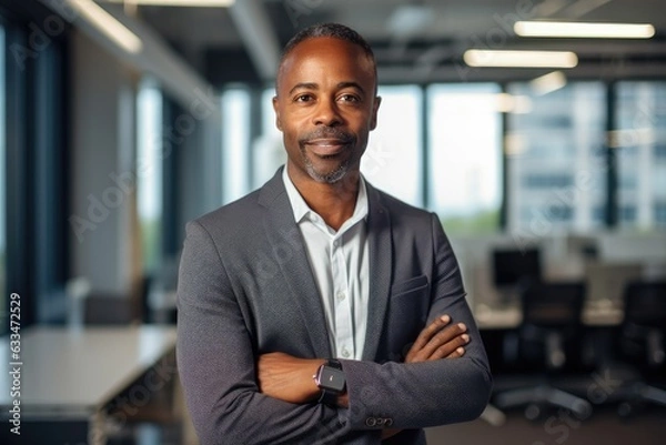 Fototapeta Portrait of a middle aged african american businessman looking at the camera in an office