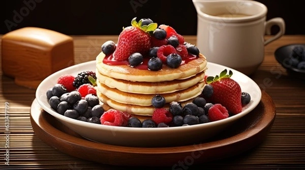 Fototapeta  a stack of pancakes with berries and blueberries on a plate.  generative ai