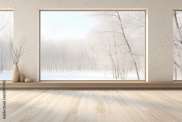 Obraz White, minimalist room with light on wooden floor and large wall, showing white landscape through window. Nordic home interior in 3D illustration.