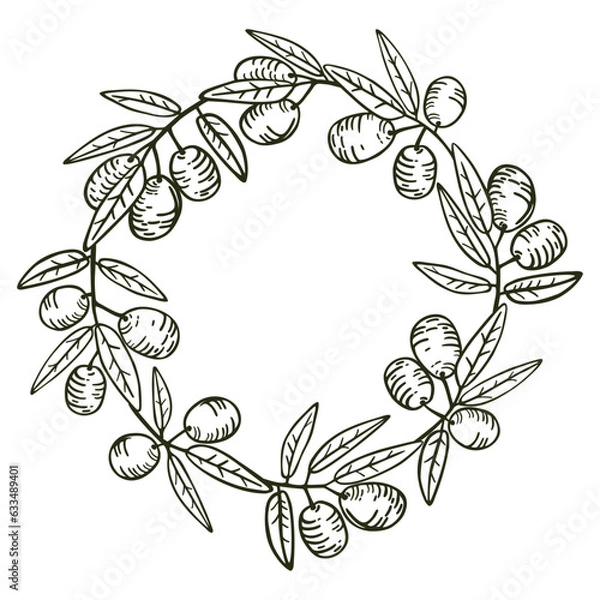 Fototapeta Wreath, round frame of olive branches with ripe fruit leaves. Vector hand drawn single color drawing isolated on white background.