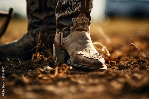 Obraz A pair of gray cowboy boots with a detailed design on a dirt ground with a blurred field background. Generative AI