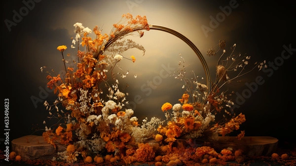 Fototapeta Dried flowers on a circular support, set against a monochrome backdrop, a minimalist tribute to nature's elegance, generative AI