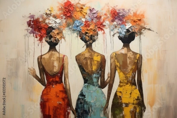 Fototapeta A description of an oil painting could be a conceptual abstract artwork featuring three female figures adorned with flower bouquets on their heads. The painting is created using a palette knife