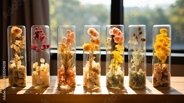 Fototapeta Elegance of dried flowers in clear vases, highlighted by the drama of modern window light, generative AI.