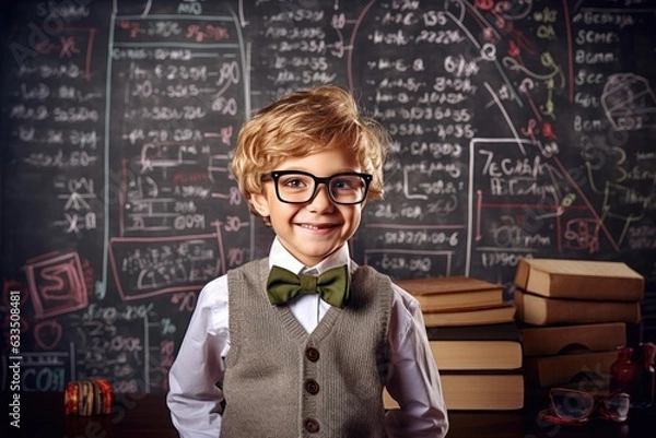 Fototapeta A young boy with glasses, wearing a suit, standing in front of a blackboard with math on it.