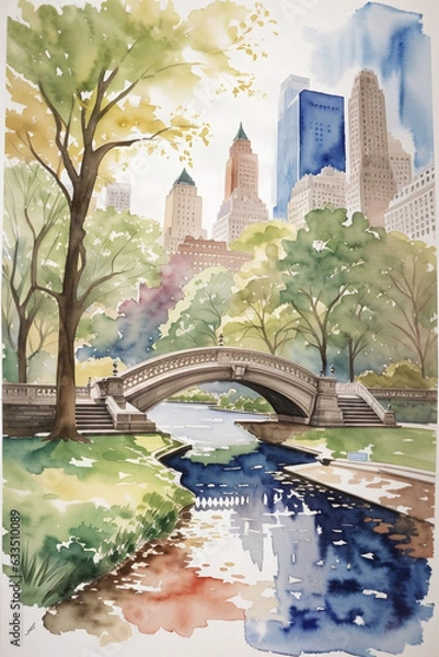 Fototapeta Beautiful image of Central Park in New York in watercolor technique. Image created using artificial intelligence.